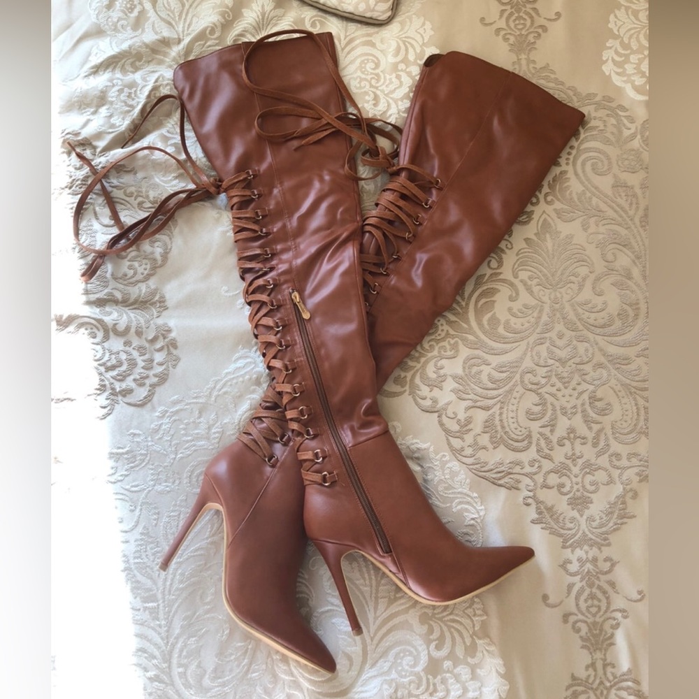 Cape Robbin Rosa-by-1 camel size 6 thigh lace up pointed toe boots